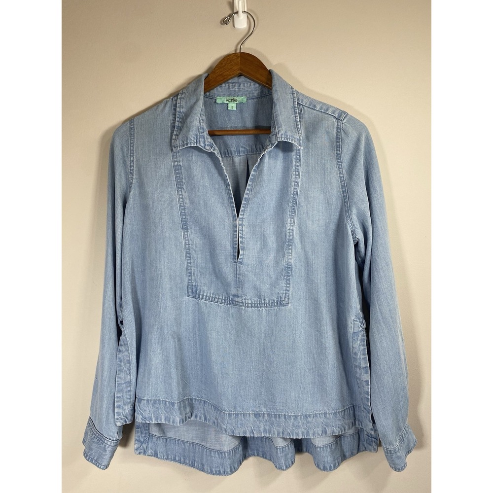 Karlie Top Womens SMALL Chambray Long Sleeve Oversized Collared Tunic Pullover